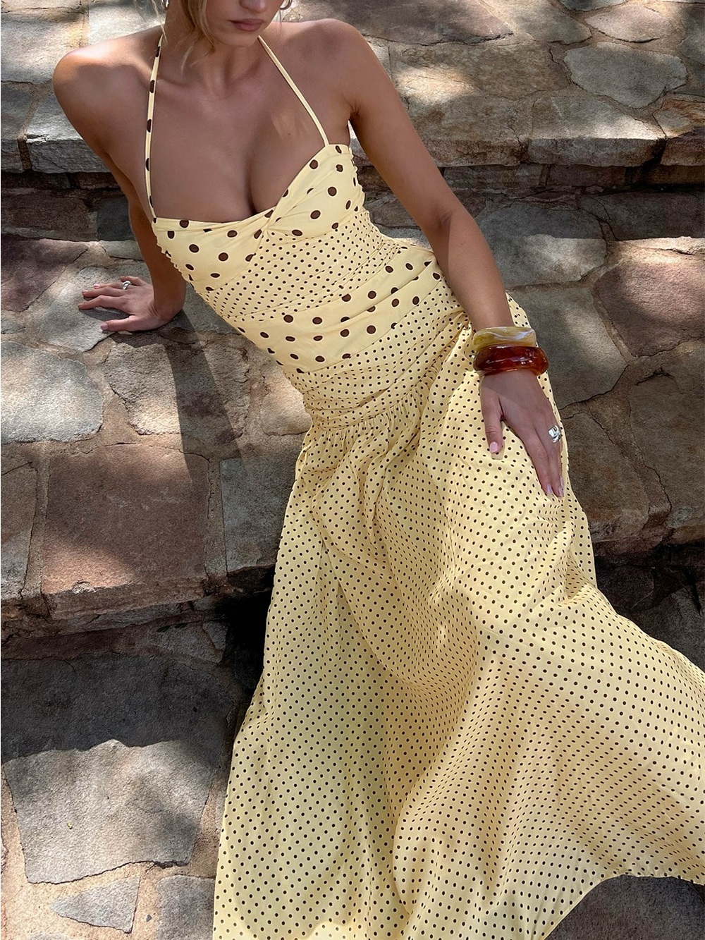 Princess Polly Marguerite Halter Maxi Dress Lemon / Brown Polka Dot